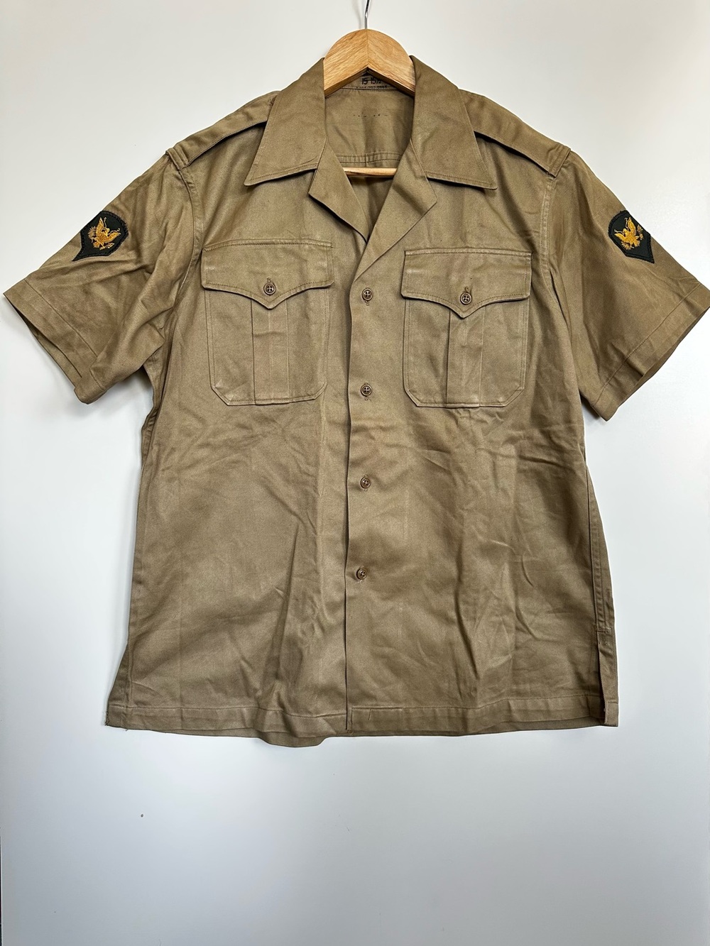 Vintage US Army Khaki Cotton Twill Military Shirt Patches Laundry Mark M